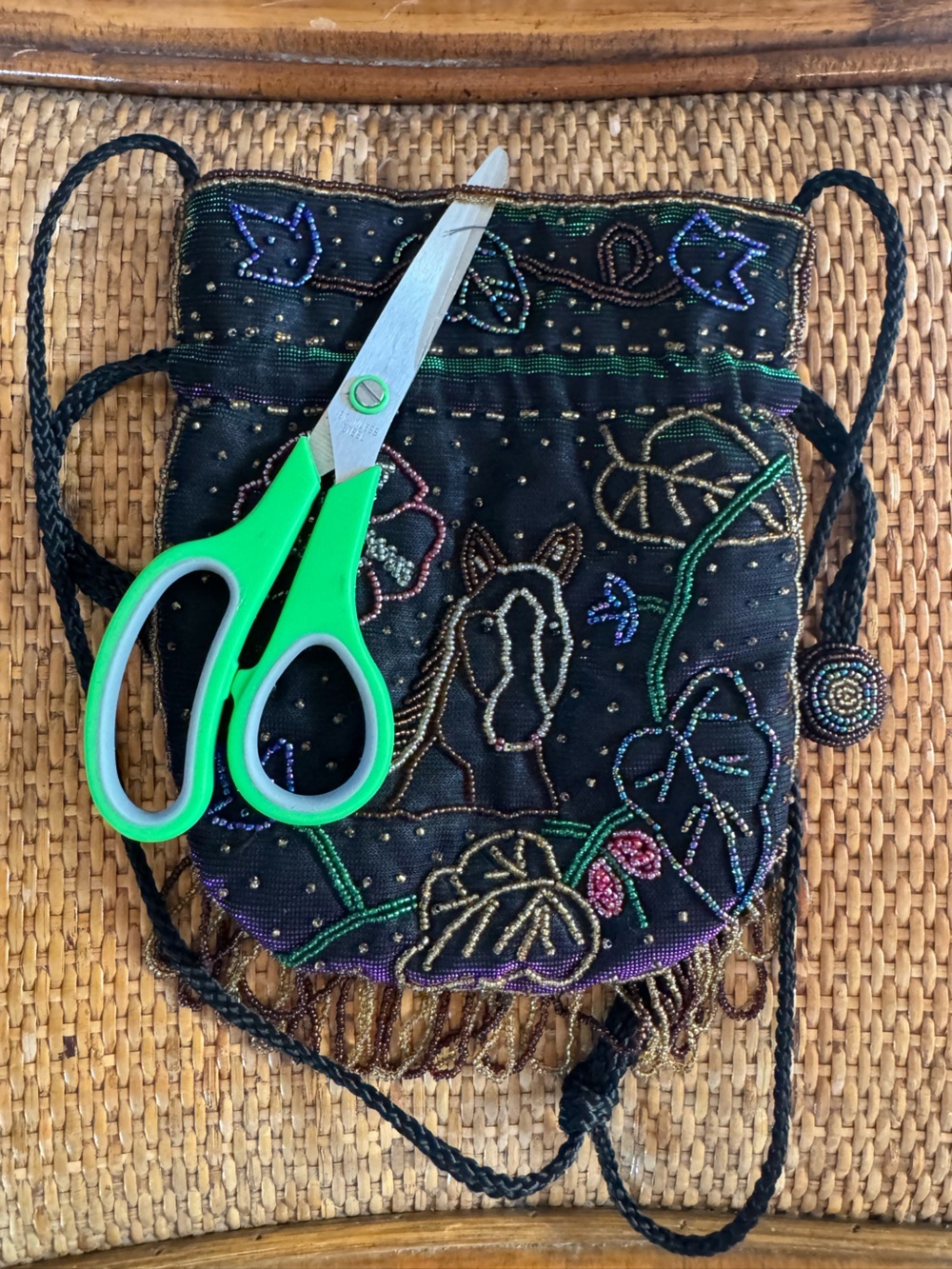 Vintage Hand Beaded Horse Drawstring Pouch Purse Boho Crossbody Fringe Epona - Picture 9 of 13